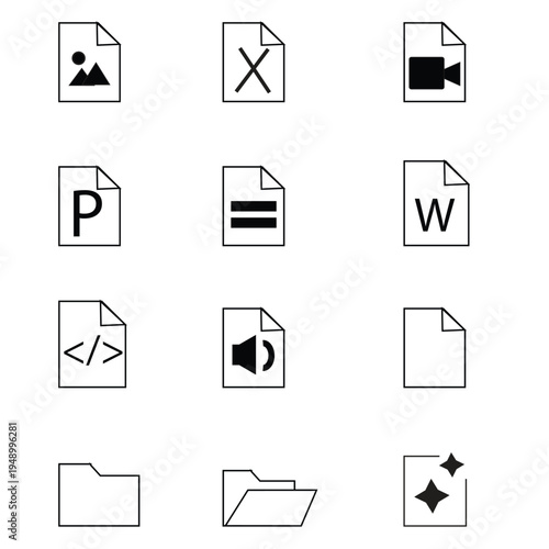 File format icons vector set – JPG image, unknown X file, MP4 video, PPT presentation, TXT text, DOC Word, code HTML/CSS, audio MP3, blank document, folder closed, folder open, new starred folder. 