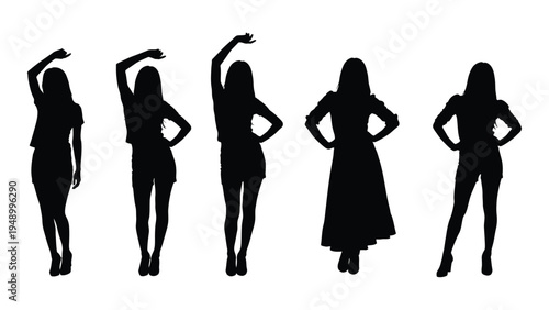 Five silhouettes of women in various poses, showcasing different fashion styles and confidence