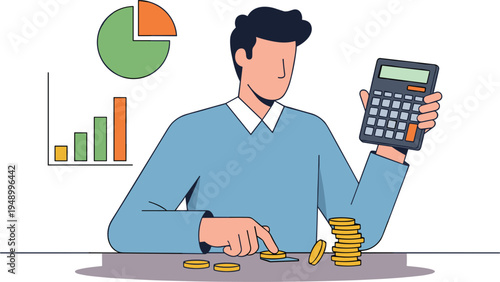 Man calculating finances with calculator and coins personal budget planning accounting concept modern flat vector illustration