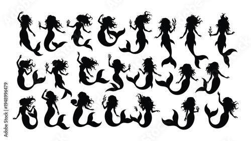 Collection of diverse mermaid silhouettes in various dynamic poses and hairstyles on white background