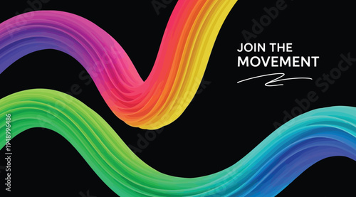Vibrant rainbow colored wavy lines on black background with inspirational text join the movement