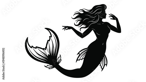 A mystical silhouette of a mermaid with long flowing hair and a shimmering tail, evoking a sense of oceanic magic and wonder in a simple yet captivating visual representation.