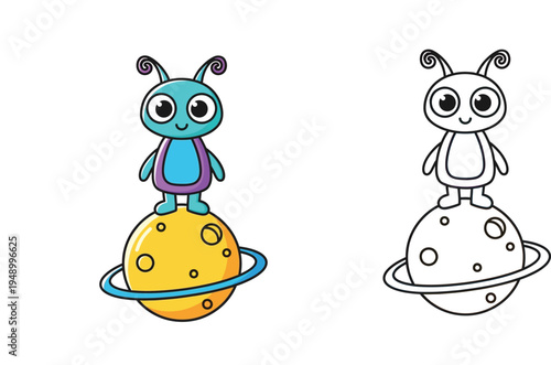 Cute cartoon alien standing on a ringed planet. Colorful mascot and black and white line art outline for kids coloring book page. Vector space illustration.
