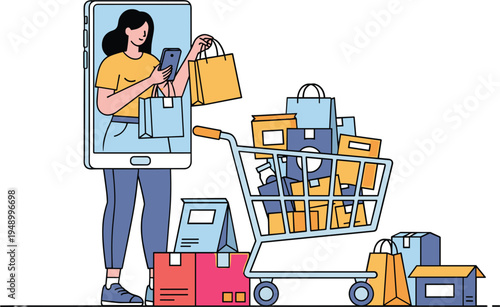 Woman recording product video with smartphone online shopping promotion ecommerce marketing concept modern flat vector illustration