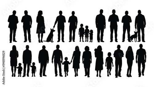 Diverse group of people and families with children and pets in silhouette form