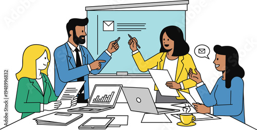 Business team meeting discussion with presentation board collaborative office brainstorming concept modern flat vector illustration