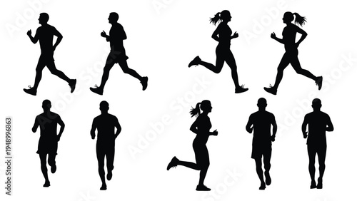 Silhouette of diverse group of people engaged in running for fitness and health on a solid background