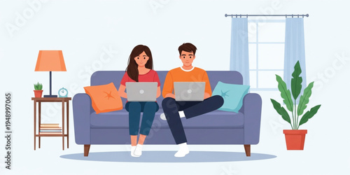 Young Couple Working on Laptops at Home Sitting on Sofa, Remote Work and Online Learning Concept in Comfortable Living Room
