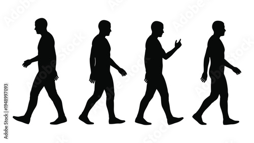 A series of four black silhouettes of a person walking in different poses on a white background illustrating movement and action