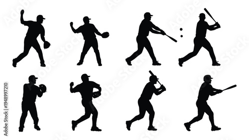 Baseball player silhouettes in various positional actions on the field