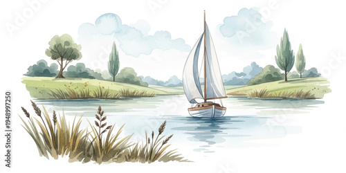 Watercolor Landscape with Sailing Boat on Calm Lake Surrounded by Green Trees and Nature Scenery Peaceful Countryside Summer Illustration