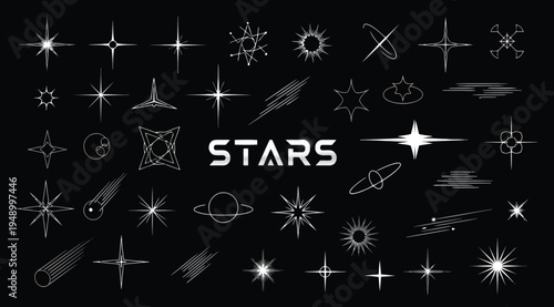 Collection of various star and celestial body icons in white on black background