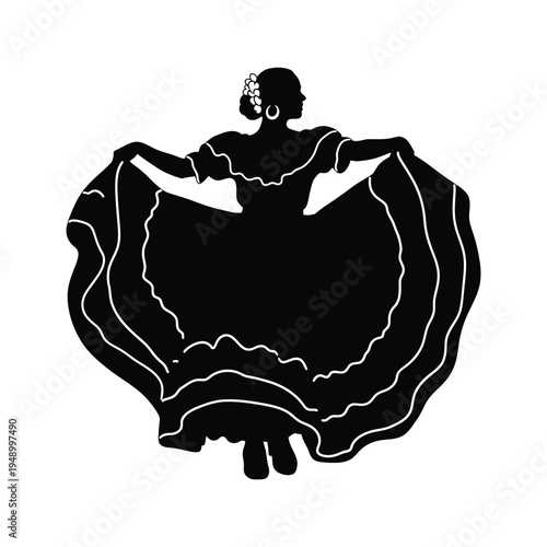 Female flamenco dancer silhouette vector illustration wearing traditional dress performing art dance