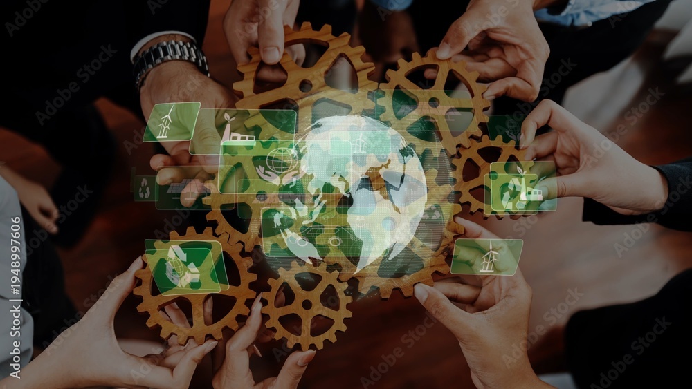 Naklejka premium A diverse group of individuals collaborates using gears and a digital globe, representing innovation and teamwork for sustainable solutions in business and technology. Raster