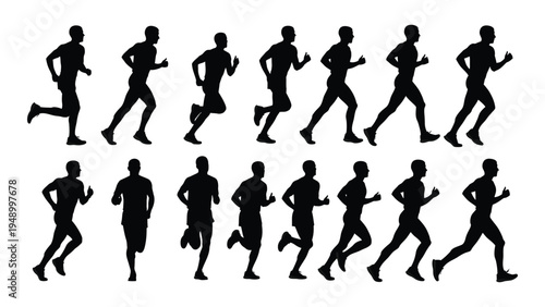 A series of black silhouettes of people running in different poses on a white background illustrating various stages of movement and action in a seamless loop