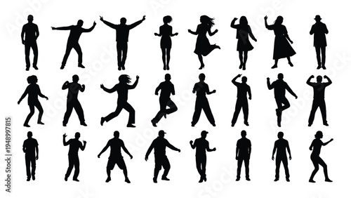 Collection of dynamic human silhouettes in various dance and movement poses