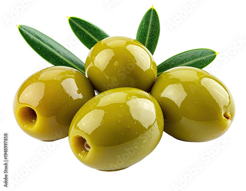 Four glistening green olives adorned with fresh leaves on white
