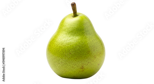 Fresh green pear with stem attached.