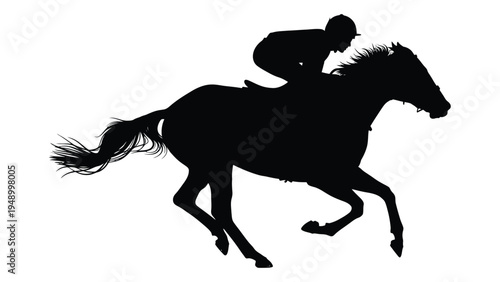 A dynamic silhouette of a jockey riding a horse at full gallop, showcasing speed and skill in a thrilling equestrian scene.