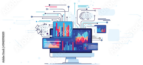 Data analytics dashboard on computer monitor with charts graphs and artificial intelligence insights flat vector illustration