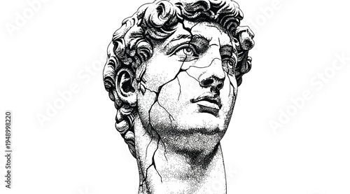 A black and white illustration of a cracked statue head with curly hair looking upwards isolated on white background