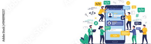 Mobile application development team coding interface design and software programming concept modern flat vector illustration