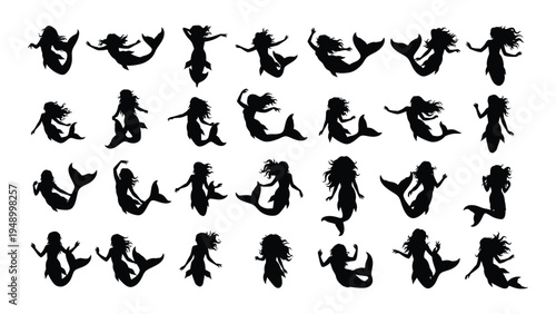 Collection of diverse yoga poses for flexibility and balance in black silhouette on white background for fitness and wellness
