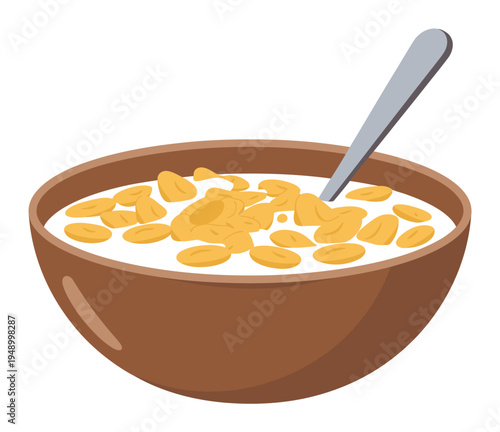 Cereal Bowl with Milk and Spoon Vector Illustration