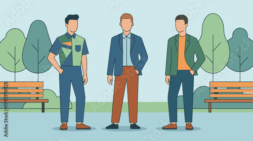 Three men in diverse casual and smart attire standing in a park setting