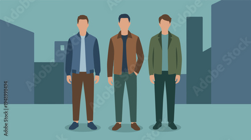 Three casual young men standing in a city, modern flat vector illustration
