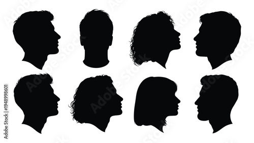 A collection of eight black silhouettes of human heads in profile, facing right, with varying hairstyles and facial features, on a white background.