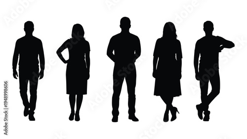 Silhouette of five people standing in a row on white background with various poses and attire