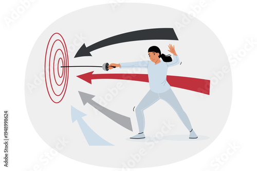 Purposeful woman hits target with rapier, demonstrating accuracy and skills in using edged weapons. Purposeful girl athlete preparing for competition to become winner at international olympiad