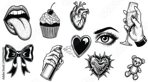 Collection of various tattoo and fashion icons on white background including lips, cupcake, heart, eye, hand, bow, spray paint, spiked heart, teddy bear