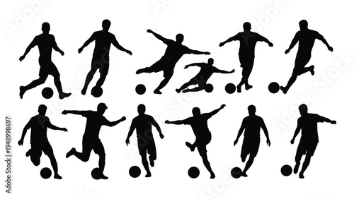 Collection of soccer player silhouettes in various actions and poses
