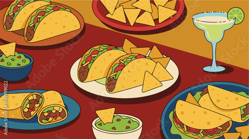Vibrant Mexican Food Feast: Tacos, Burritos, Nachos, Guacamole, Margarita.