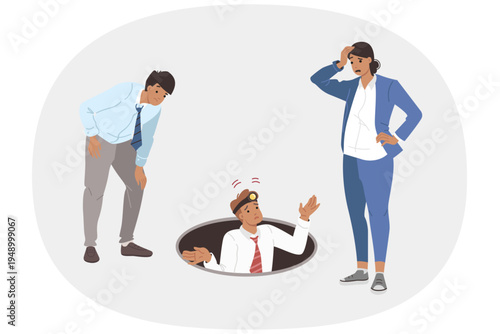 Team business people explore abyss, experiencing perplexity due to lack of solutions to problems. Perplexity among office workers who want to find new opportunity or funding reserves for advertising
