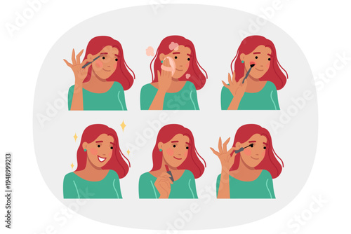 Woman does makeup step by step and takes care of facial skin before going on date with boyfriend. Girl does makeup wanting to look better and please handsome young man from college.