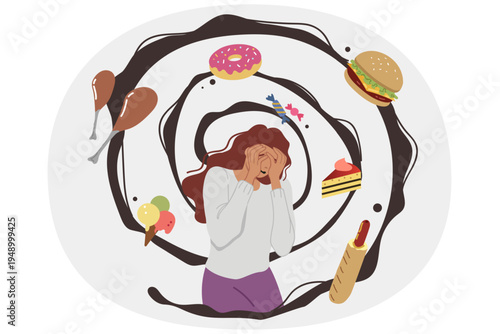 Thoughts about food cause fear and panic in woman with psychological disorder and fear of becoming fat. Addiction to fast food and unhealthy desserts or high-calorie sandwiches in girl in need of diet