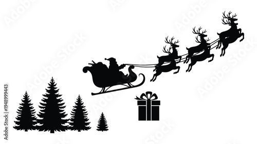 Santa claus sleigh ride on a winter night with reindeer and christmas trees in the background