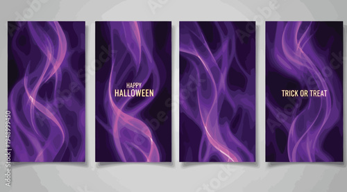 Halloween themed purple background banners with happy halloween and trick or treat text for party decoration
