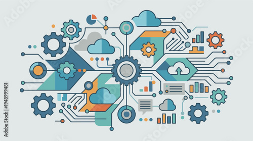 Abstract technology network with gears, cloud computing, and data analytics