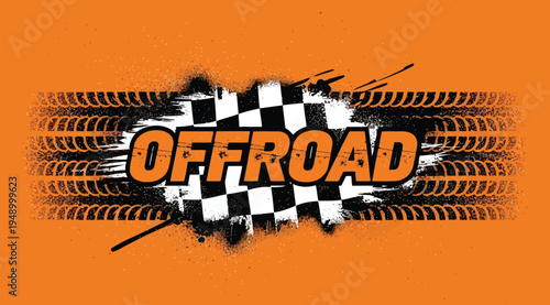 Vibrant orange offroad racing logo with tire tracks and checkered flag pattern background