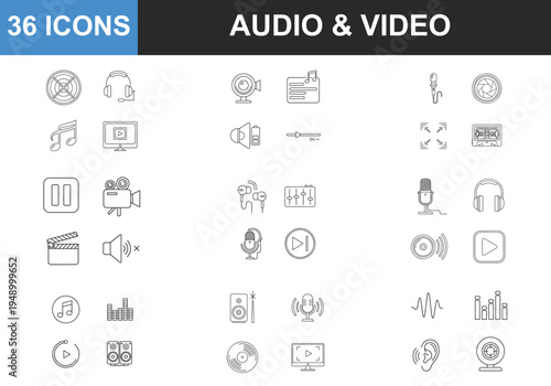 Audio and video equipment line icons including media player controls and sound hardware