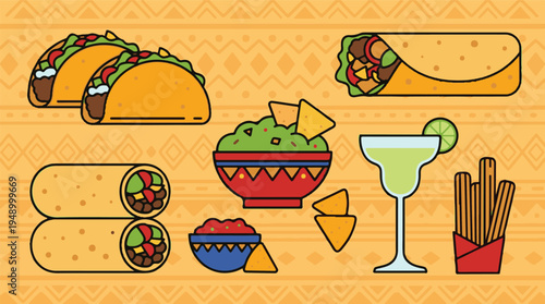 Mexican Food and Drink Vector Illustration with Tacos, Burritos