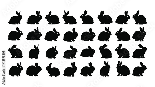 Detailed analysis of rabbit silhouettes in a grid pattern with variations in posture and orientation