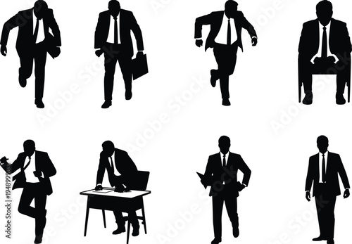 Business people silhouettes collection, businessman in suit walking running sitting working poses, corporate lifestyle vector isolated on white