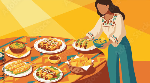 Woman serving a vibrant Mexican food spread on a colorful table