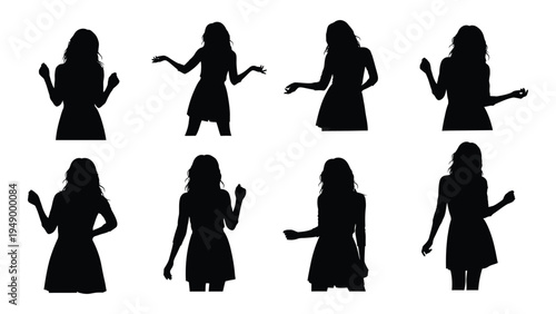 A set of eight black silhouette illustrations of women in various poses, each holding a microphone, conveying a sense of performance and music, with dynamic movements and gestures.