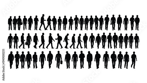 Collection of diverse human silhouettes in various poses and walking styles on a white background for design and illustration